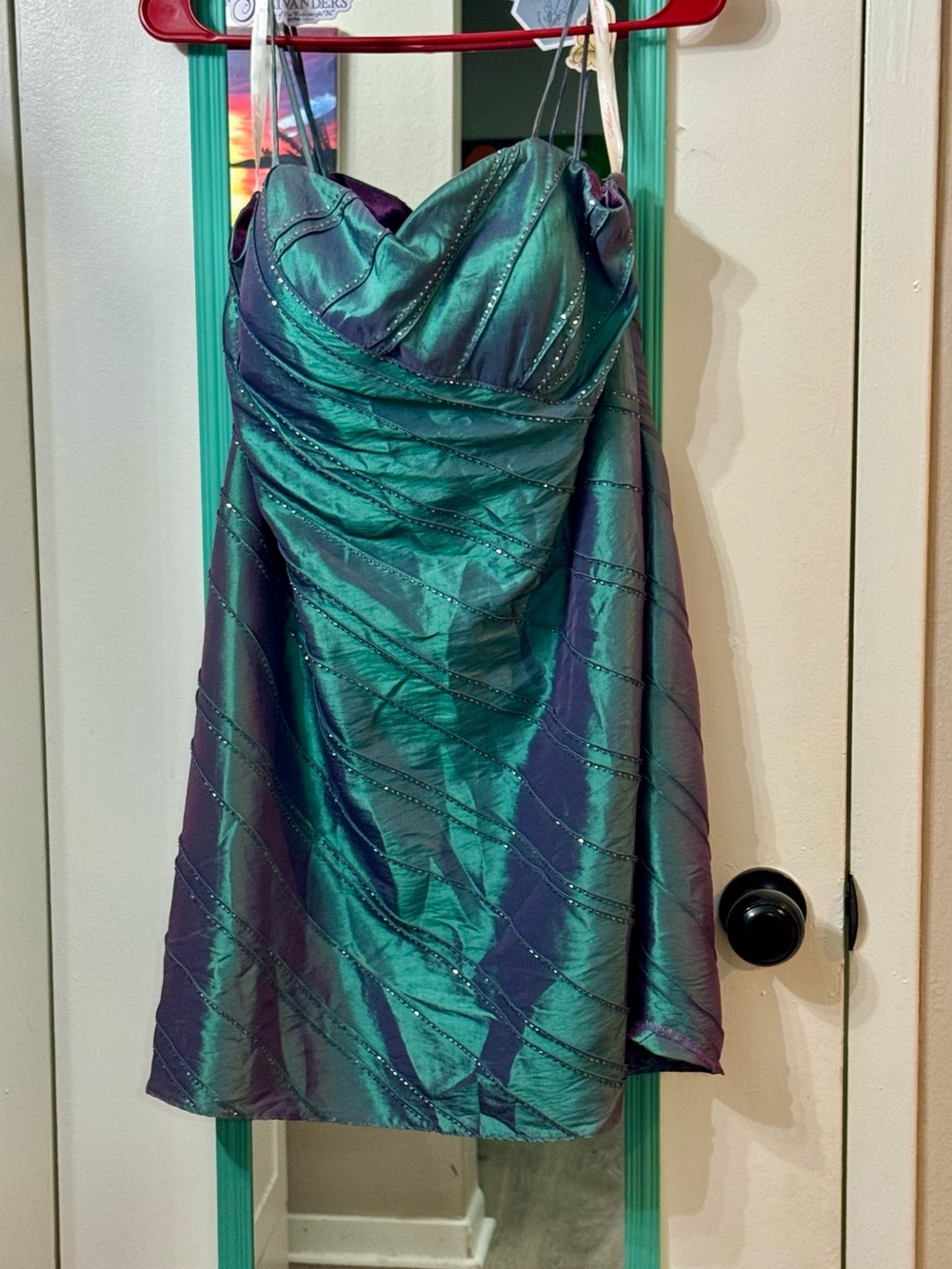 Milano Spaghetti Strap Shimmer Dress in Teal and Purple